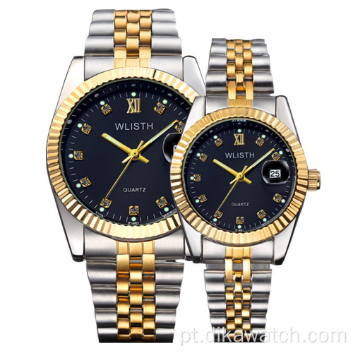 Relógios de marca WLISTH Couple Aço inoxidável Quartz Luxury Lover&#39;s Watch Calendário de presente fino Relógio de pulso de strass para marido e pai